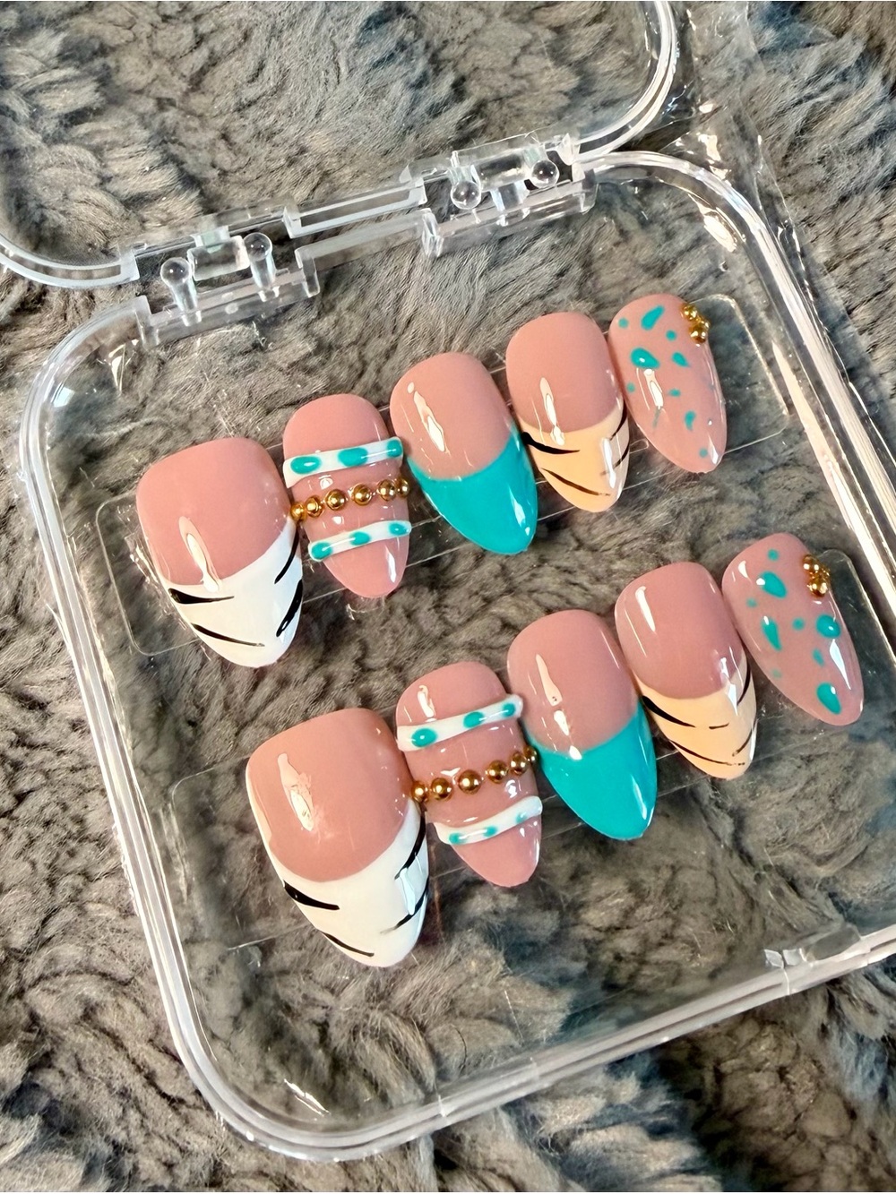 LARGE Nude & Teal Press-On Nail Set with Gold Accents